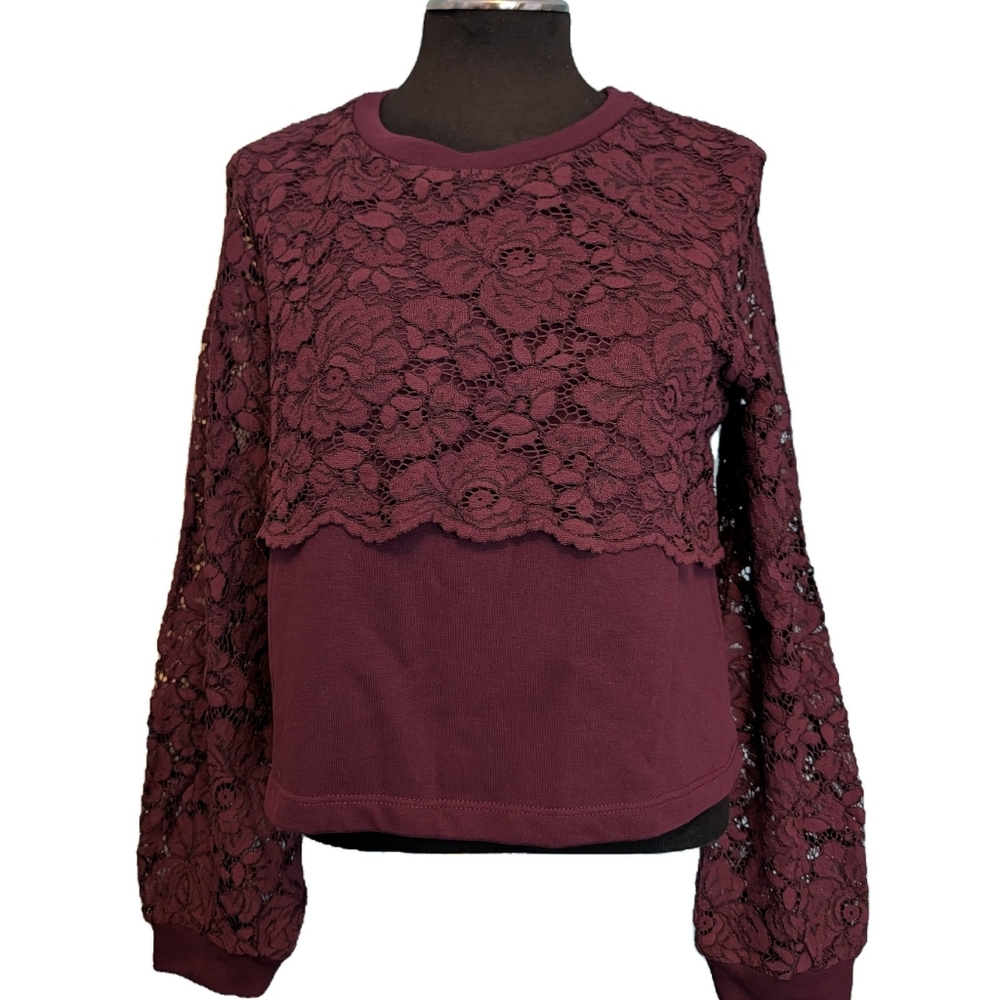 Maeve By Anthropologie Lace Slightly Cropped Sweatshirt, Size Medium, Burgundy